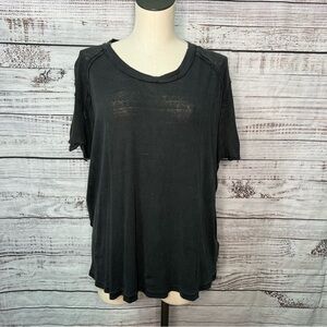 We the Free People Black Short Sleeve Ribbed Shirt Flax Linen Blend Raw Edge Top